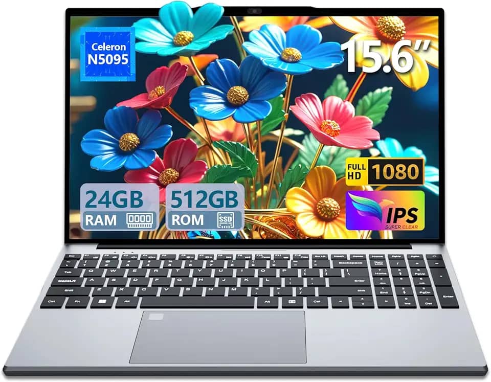 Laptop 2025, laptop de 15,6 polegadas com SSD DDR4 de 24 GB de 512 GB, quad-core N5095 até 2,9 GHz, laptop portátil com teclado retroiluminado, impressão digital, FHD 1920 * 1200, WiFi5, BT4.2