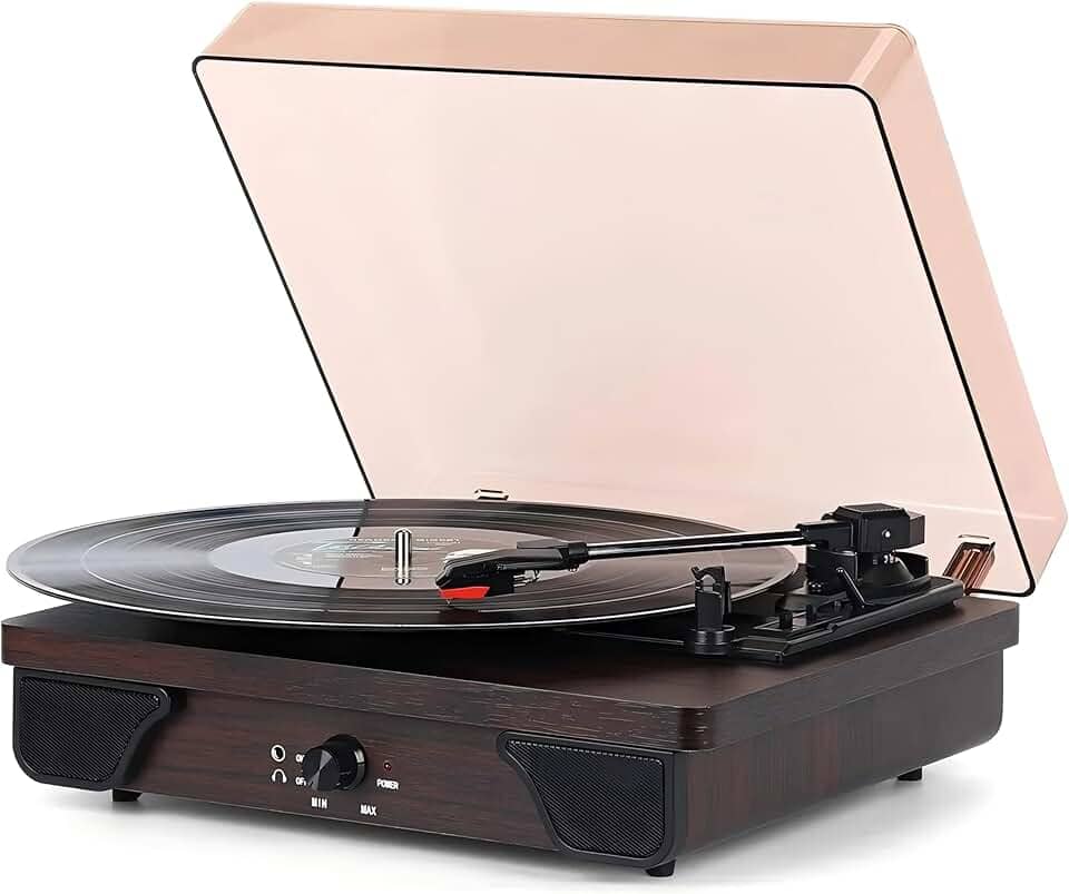 VEDO Toca-discos Retro com Bluetooth, 3 Velocidades (33/45/78 RPM), Alto-falante Integrado, Entrada AUX/RCA e Design em Madeira Marrom - Presente Vintage para Iniciantes e Colecionadores de Vinil