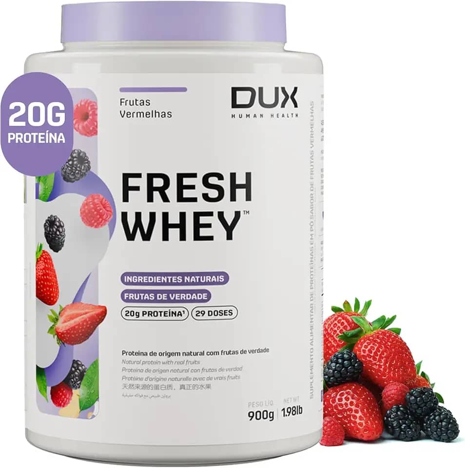 Kit Fresh Whey Protein + Coqueteleira - 20g de Proteínas por Porção - Suplementos Naturais, Suplementação Treino Academia - Frutas Vermelhas - 900g - Dux Human Health