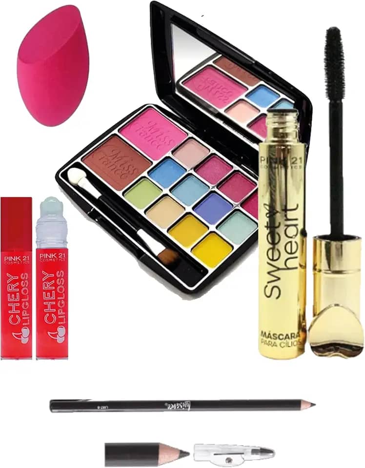 Kit Maquiagem Juvenil Máscara de Cílios, Paleta de Sombras com Blush e Pincel, Gloss Labial e Esponja de Maquiagem para Jovens, Adolescentes ou Adulto