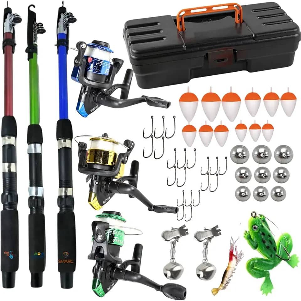 Kit de Pesca Completo, 3 Varas com Molinetes, Estojo, Bóias, Anzóis, Iscas e Chumbadas