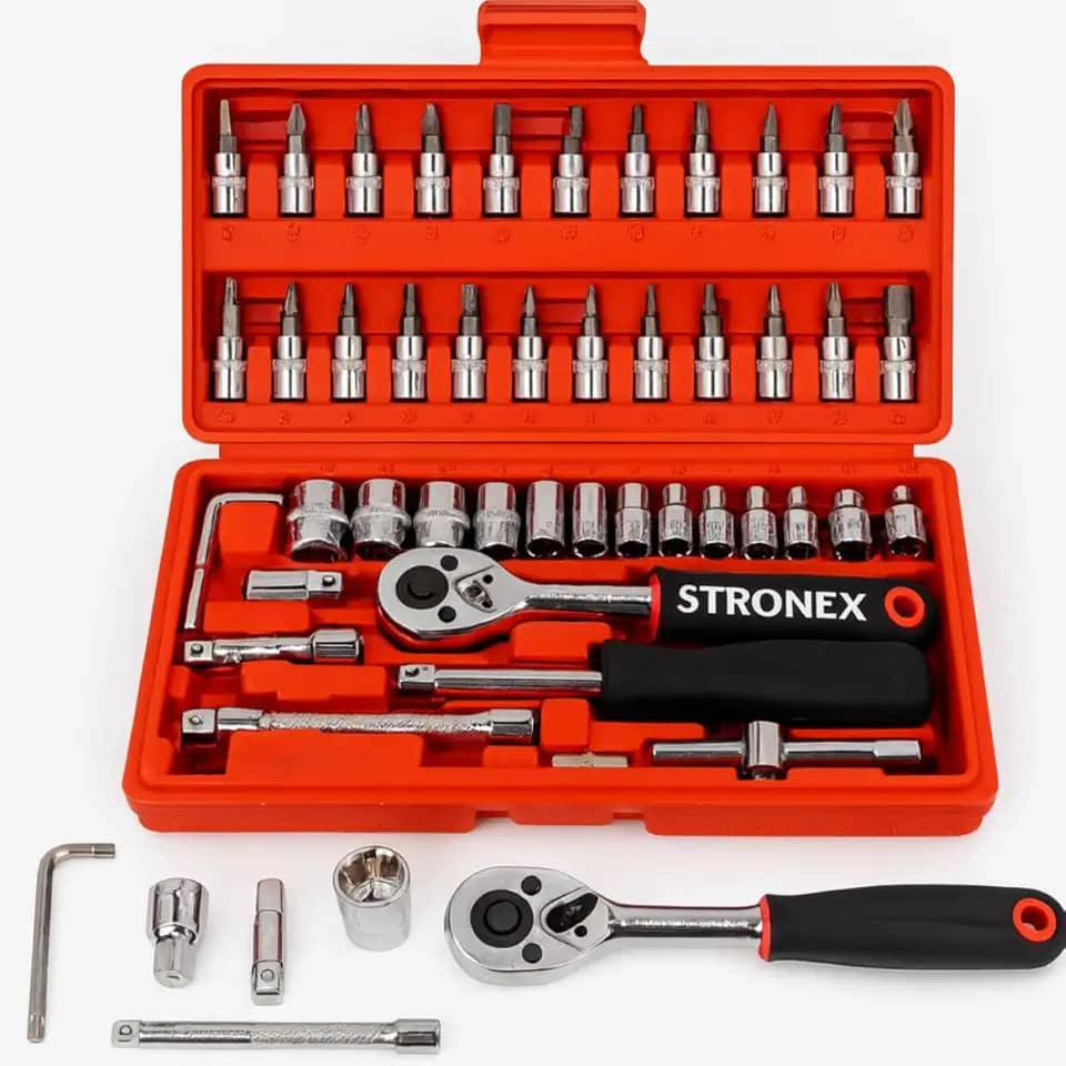 Kit de Ferramentas Profissional com 46 Peças, Maleta Vermelha Compacta, Soquetes, Bits, Chaves Allen, Catraca 1/4', 24x24x5cm