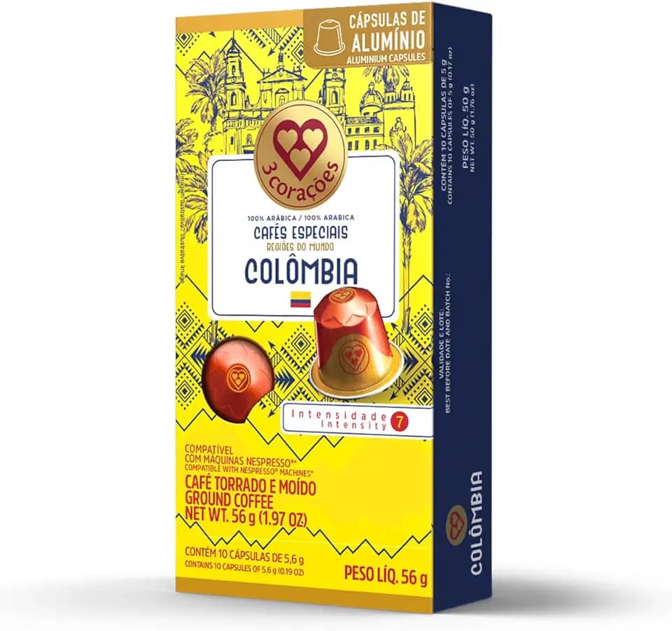 3 Corações Cápsulas de Café Regiões do Mundo Colômbia, Compatíveis com Nespresso, contém 10 cápsulas