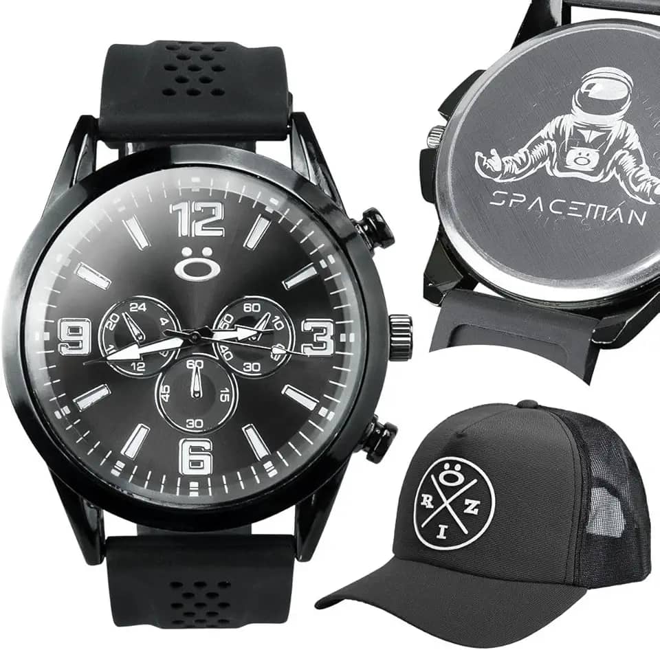 Relogio Masculino Preto Analogico Esportivo Silicone Conforto + Bone Redinha Ajustavel Qualidade Premium Casual Social Kit Presente Moderno Minimalista