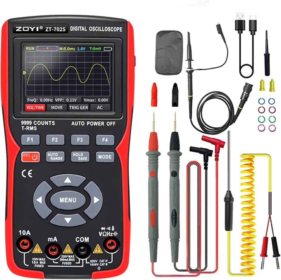 Multímetro osciloscópio automotivo digital portátil 702s 2 em 1, largura de banda de 10mhz de canal único, comprimento de registro de 64kbyte, alta taxa de amostragem de 48msa/s, tes