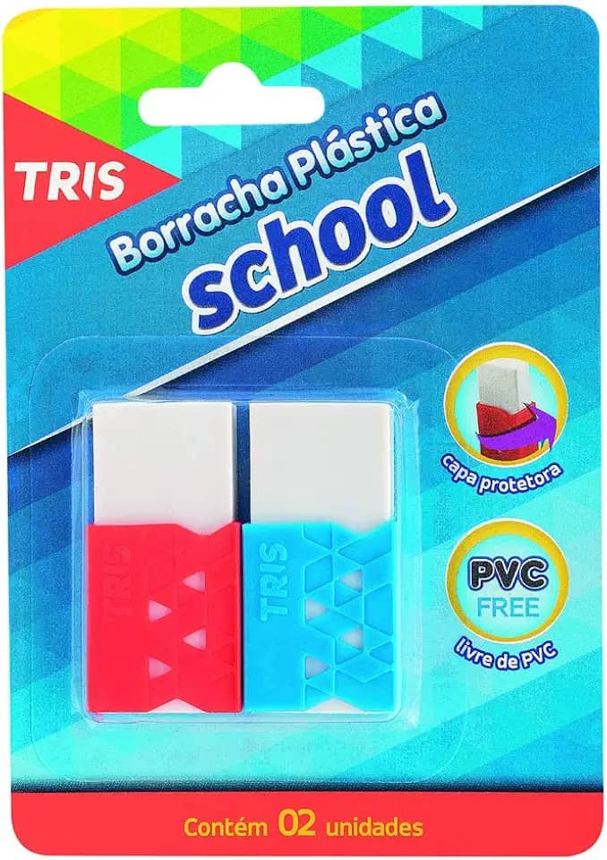 Borracha Branca Plástica com Capa Protetora, Tris, School, 2 Unidades, Cores Sortidas