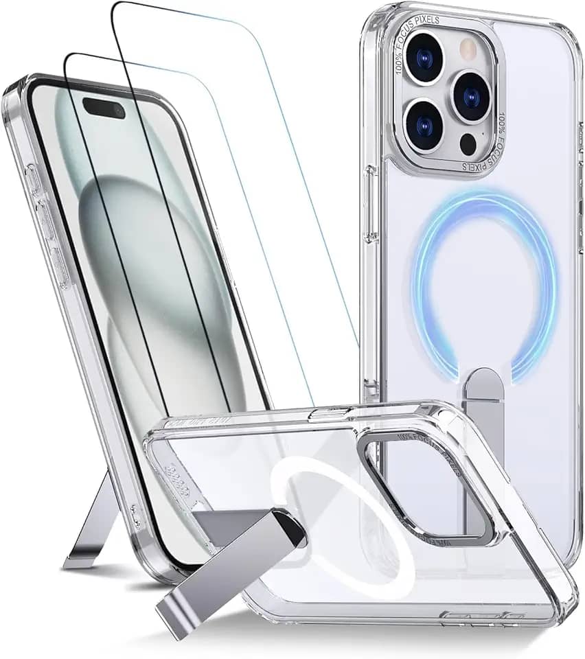 Capa para iPhone 15 Pro Max Capinha - Compatível com MagSafe, com protetor de ecrã temperado de 2 peças, estojo ultrafino resistente a choques e quedas com suporte ajustável - Transparente