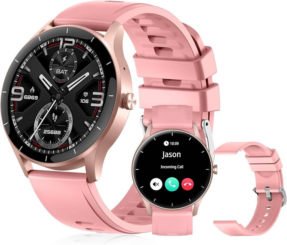 Smartwatch PEJE Relógio Smartwatch com Pulseira Extra - Tela Touch HD 1.28",À Prova d'Água IP68,Faz Chamadas Bluetooth,123+ Modos Esportivos,Bateria de 5-7 Dias,Compatível com iOS/Android.（Rosa）
