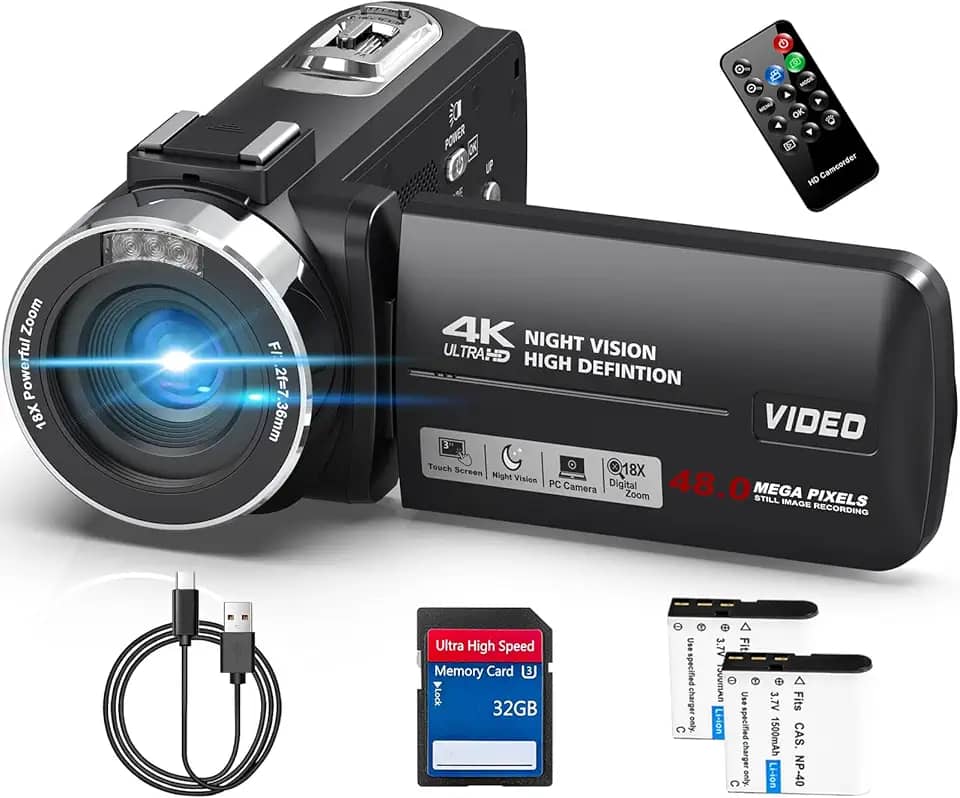 Câmera de vídeo Ultra HD 4K com 48MP,Filmadora，Zoom digital de 18X, Tela sensível ao toque de 3,0 polegadas, Visão noturna por infravermelho, Webcam，2 baterias, remoto infravermelho, Cartão de 32GB