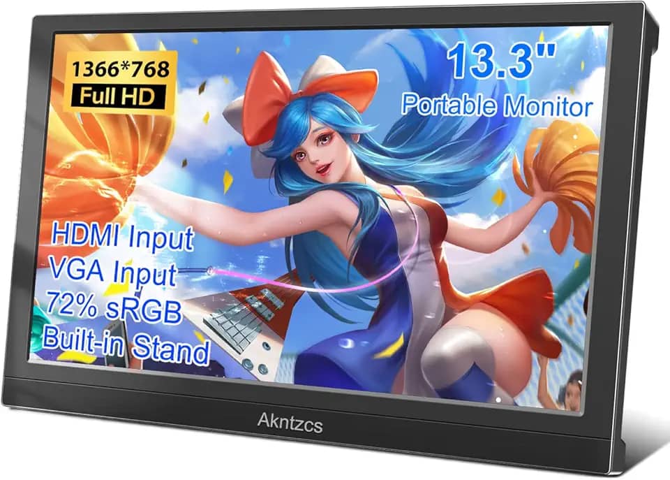 Akntzcs Monitor Portátil 13,3' Hd 1366 * 768 Externo Para Laptop Hdmi De Viagem Computador/Ps3/Pc/Switch, Alto-Falantes Integrados E Suporte