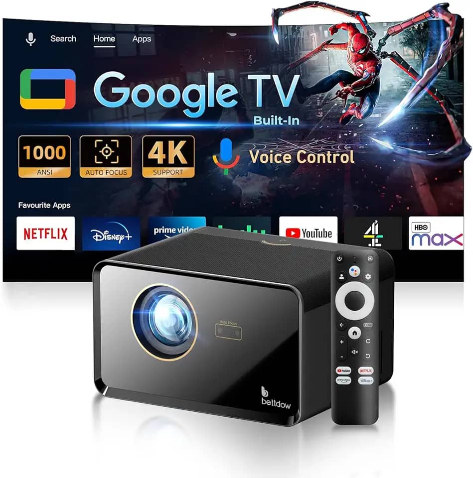 Bettdow Projetor 4k 1000 ANSI Full Hd 1080p, Sistema Google Tvintegrado, Netflix oficialmente licenciado, Retroprojetor Portatil WiFi 6 BT 5.0 AC1080 Bivolt Foco Automatico eKeystone Vertical de ±30°