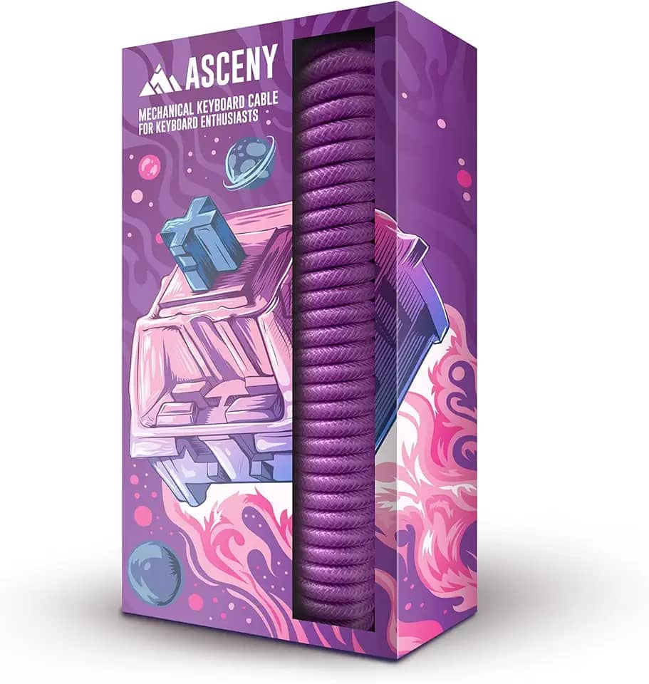 ASCENY Cabo de teclado mecânico enrolado e de manga dupla, para teclados mecânicos tipo C (roxo)