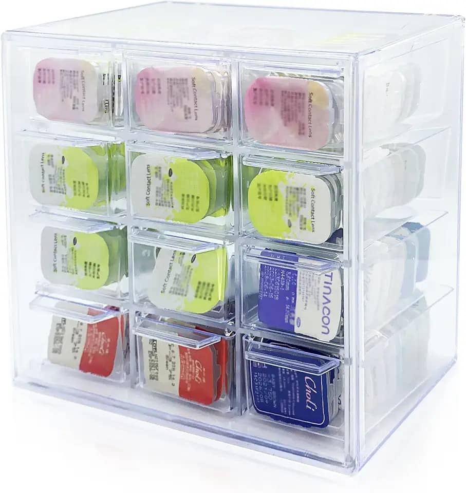 Estojo organizador diário para lentes de contato, lentes de contato coloridas, plástico transparente, 12 treliças, grande suspensão, estojo de armazenamento para lentes de contato diário