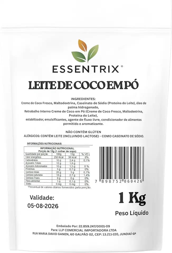 Leite de Coco em Po Essentrix 1Kg – Substituto do Leite em Po, Soluvel e Cremoso, Ideal para Receitas Doces e Salgadas – Sem Glúten