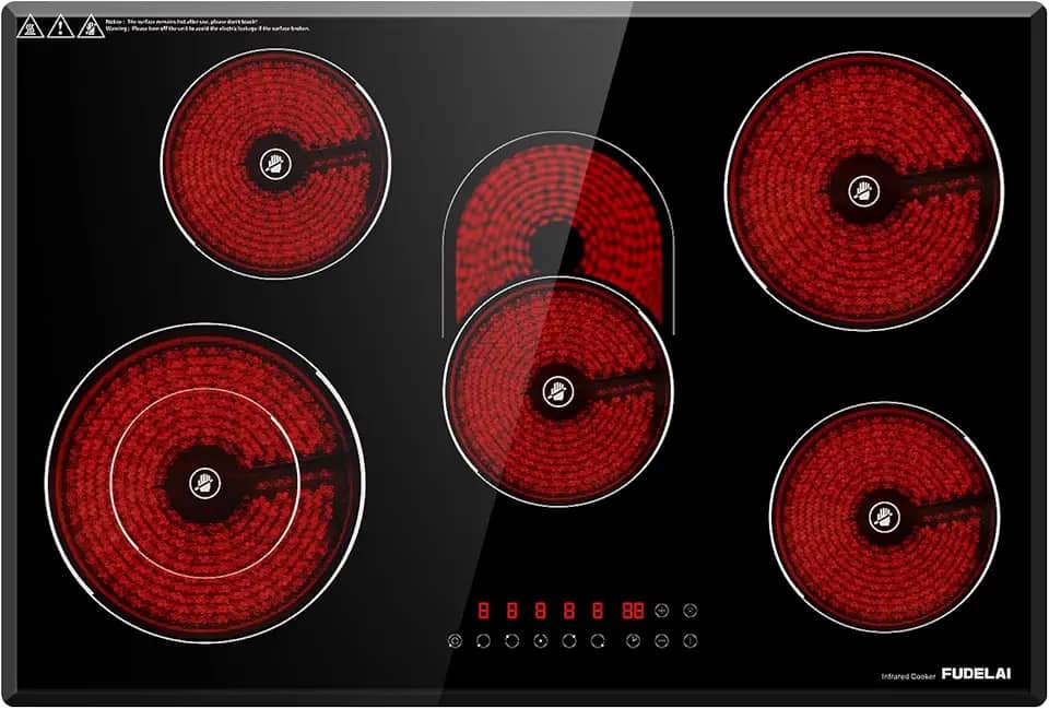 FUDELAI Cooktop Elétrico De 30' Com 5 Bocas, Fogão Infravermelho 8500 W Controle Toque E Temporizador, Embutido/De Bancada, 9 Níveis Potência, Trava Para Crianças, Segurança Automática, Vidro Fácil
