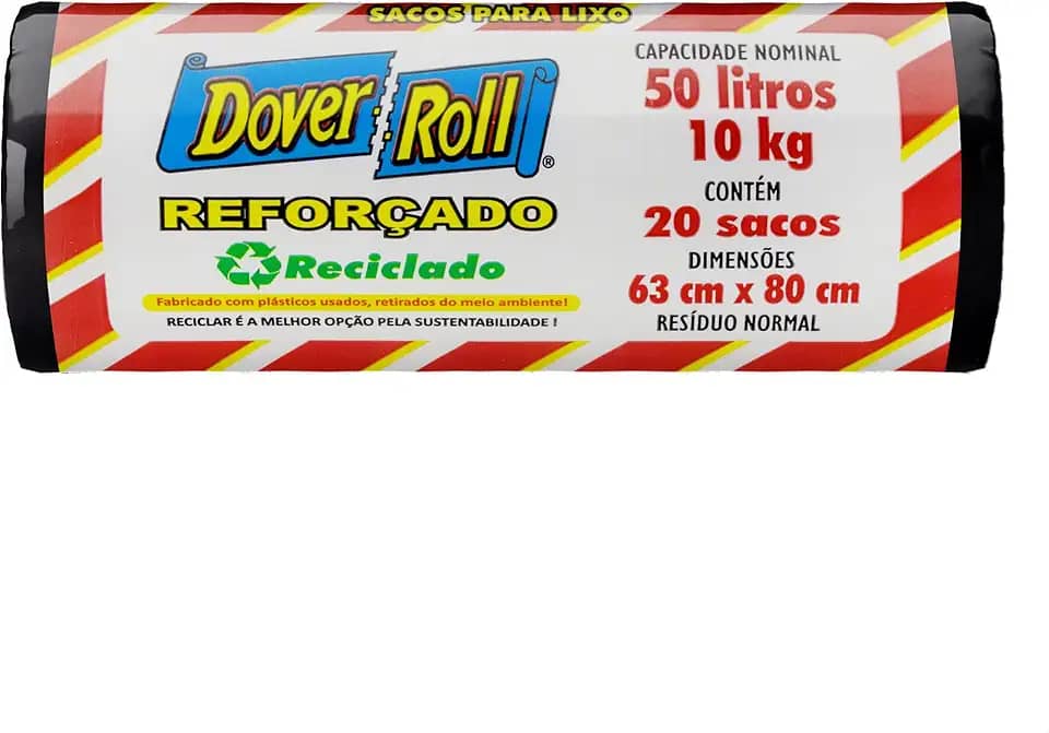 Dover-Roll Reforçado Reciclado 50L Preto, Rolo com 20 Sacos para Lixo