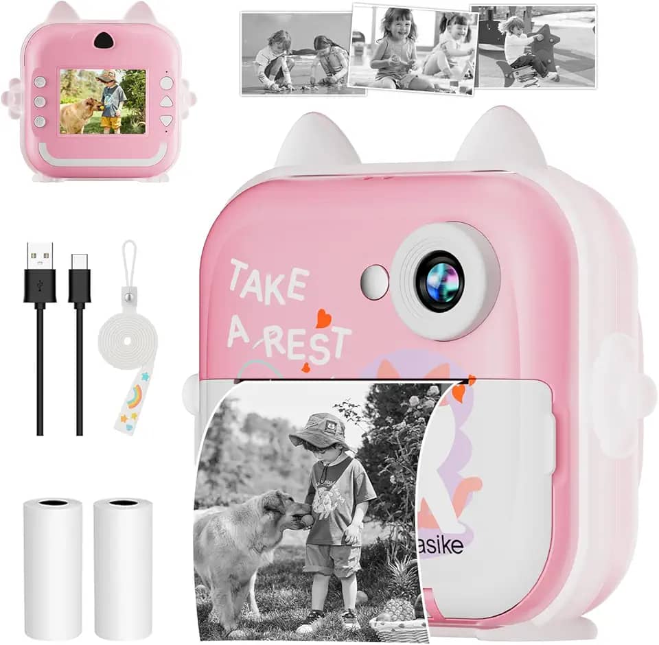 Basike Câmera Infantil Digital e Instantânea 20MP 1080P, Tela 2,4' IPS, Zoom 6X, Impressão Térmica 200 dpi, Vídeo, Time-Lapse, Jogos Educativos, Portátil com Papel de Impressão – Rosa
