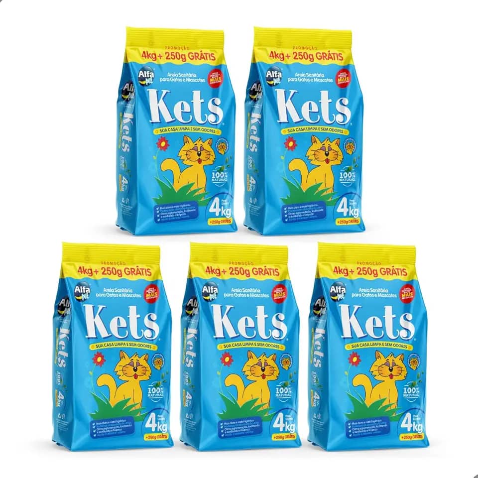 Kit 5 Areia Higiênica Sanitária Para Gatos 4kg Kets Premium Natural Alfa Pet