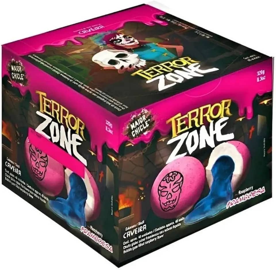 Chicletes de Bola Caveira Terror Zone Framboesa Com 40 Unidades