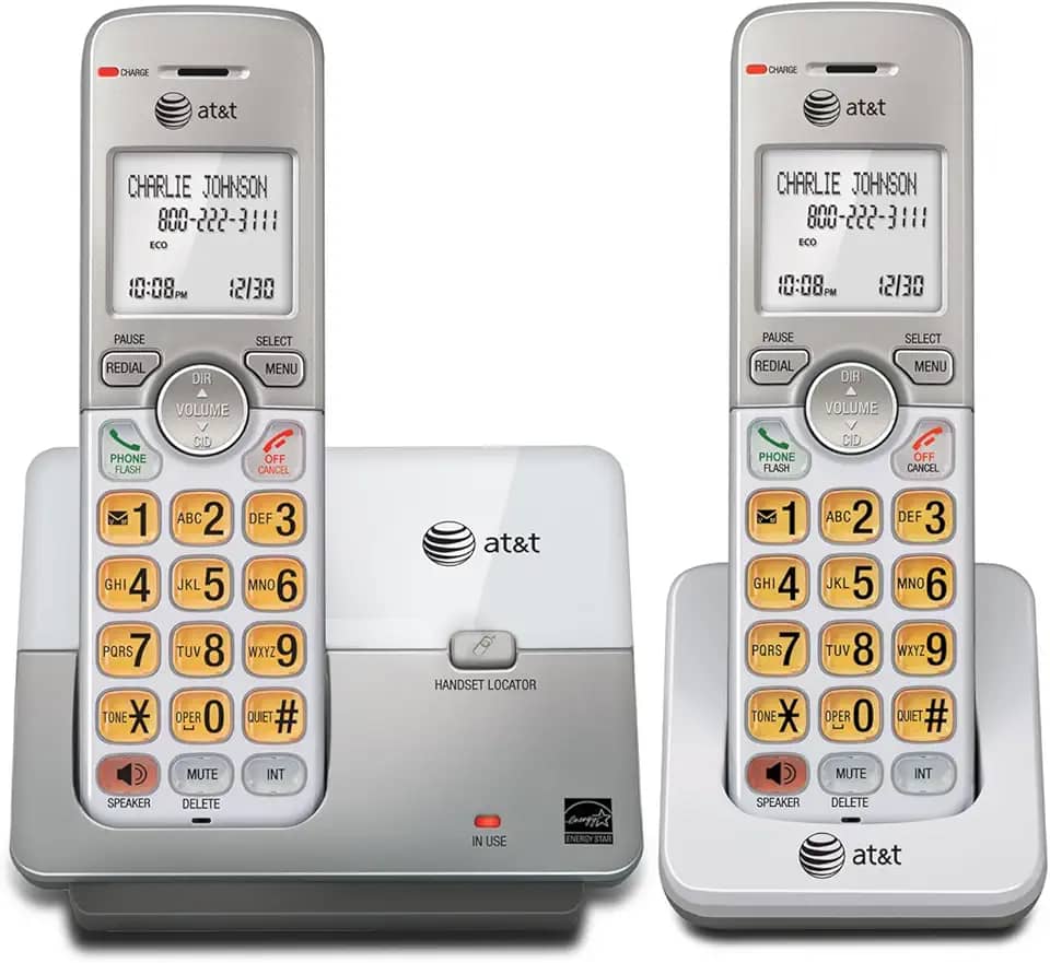 AT&T EL51203 2 aparelhos DECT 6.0 telefone doméstico sem fio, viva-voz full-duplex, tela retroiluminada, teclado iluminado, ID de chamada/chamada em espera, agenda telefônica, modo ecológico, chave de