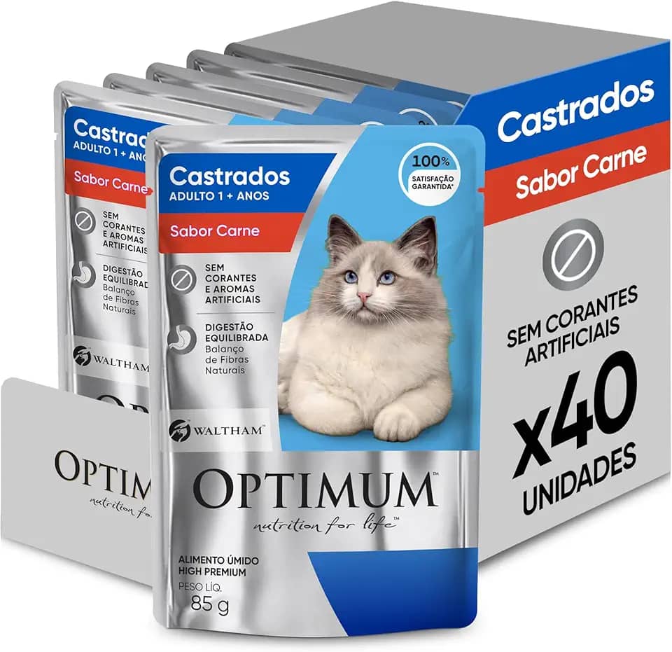 Pack Ração Úmida Optimum Sachê para Gatos Adultos Castrados Sabor Carne 85g - 40 unidadaes