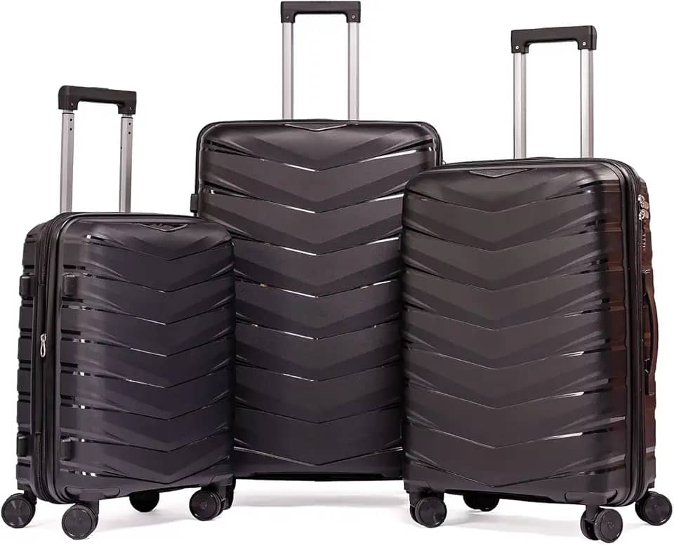 Kit De Malas Para Viagem PMG Polipropileno De Bordo 10Kg Anac Pequena, Média 23Kg E Grande 32Kg De Despachar Rígida Dura 8 Rodas 360 Resistente (PRETO, 3-Peças (P/M/G))