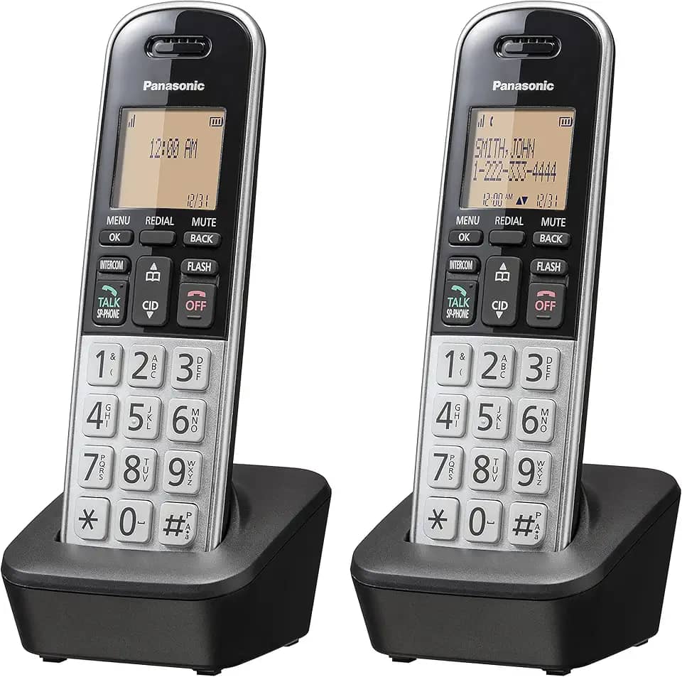 Panasonic Telefone sem fio compacto com DECT 6.0, LCD âmbar de 1,6' e teclado HS iluminado, bloco de chamadas, identificador de chamadas, vários idiomas de exibição - 2 aparelhos - KX-TGB812S (preto/prata)