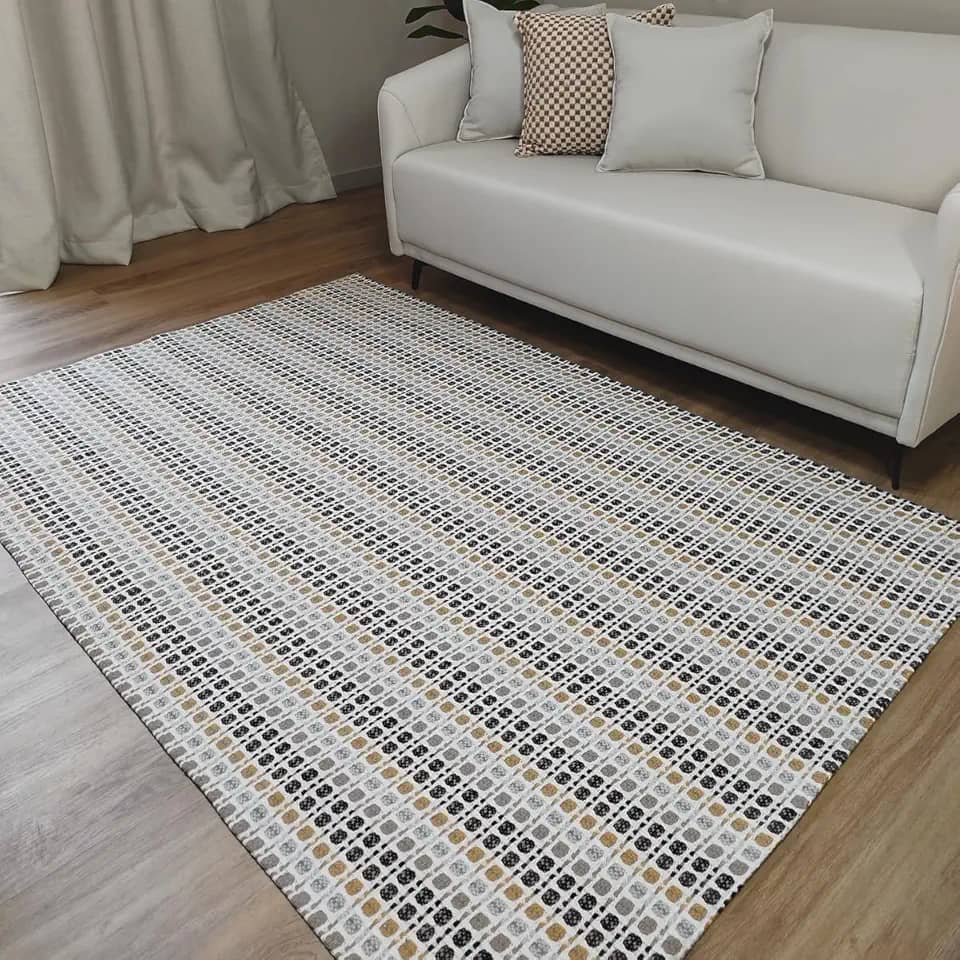 Tapete Sala Quarto Grande Artesanal 2,00 x 1,40m Quadriculado Rústico Colorido Cru Tear 100% Algodão Antiderrapante Lavável Decorativo Minimalista (Caramelo)