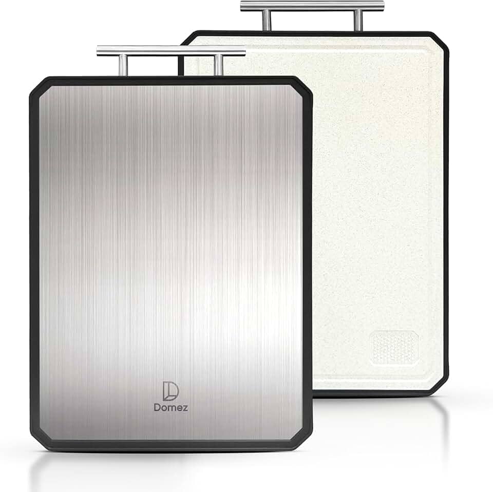 DOMEZ Tábua de Corte Inox Premium 2 em 1 para Cozinha, Durabilidade Superior e Sofisticação em Cada Detalhe. Dupla Face Ideal para Carnes, Frutas e Vegetais. Design Minimalista para Tábua de Frios.