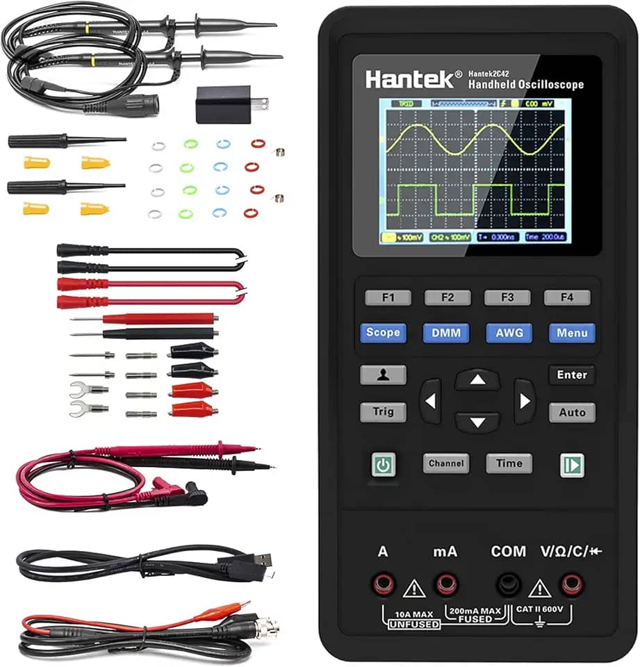 Hantek Osciloscópio portátil 2c42, multímetro 2 em 1, testador multifuncional, 2 canais + dmm, escopo 40mhz