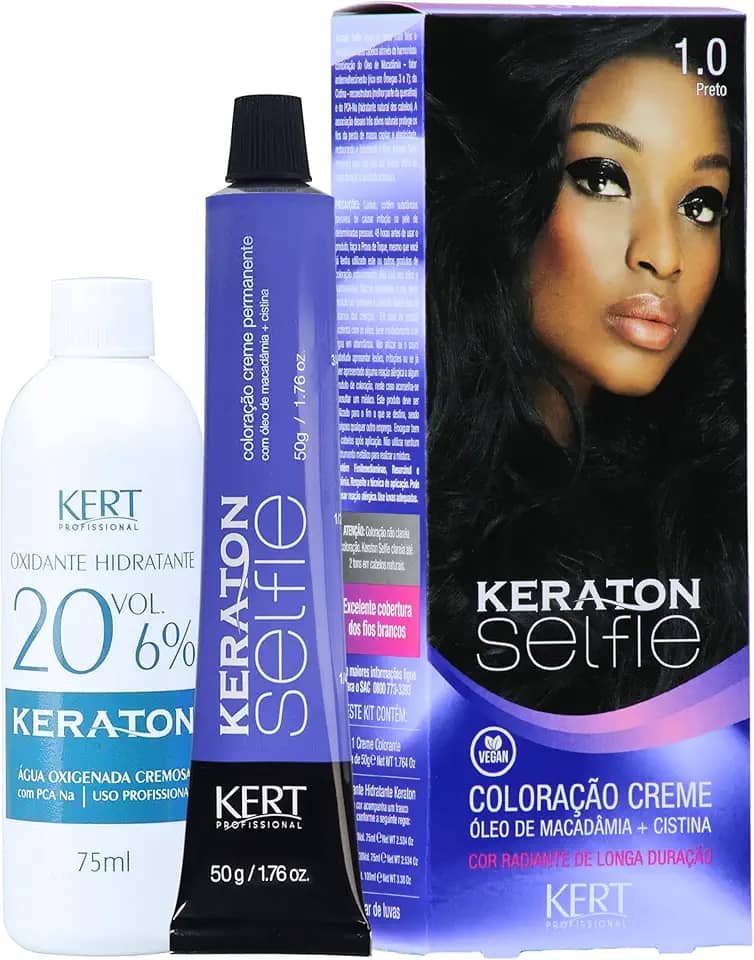 Coloração permanente em creme para cabelos, Com cistina e óleo de macadâmia, Selfie, 50g, Keraton, Nº 1.0 Preto