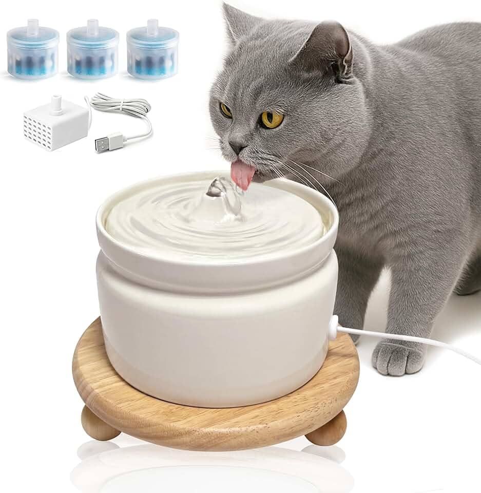 Fonte de água de cerâmica para gatos com base de carvalho - Fonte silenciosa automática para animais de estimação de 1000 ml, (creme, 1L)