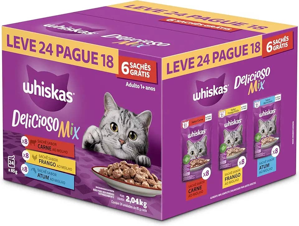 Pack Ração Úmida Whiskas Sachê Carne/Frango/Atum para Gatos Adultos - Leve 24 Pague 18