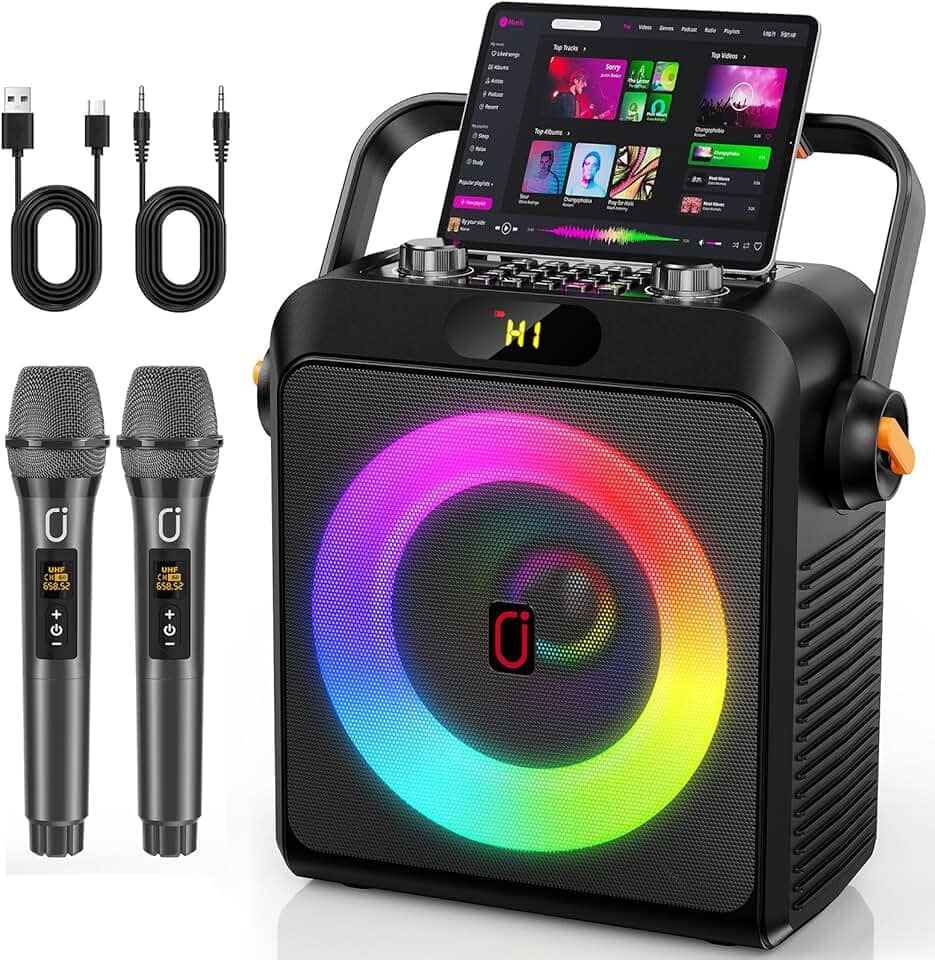 JYX Karaokê com 2 Microfones Sem Fio para Adultos e Crianças, Karaoke Portatil com Luzes de RGB DJ, Suporte para BT/TF/USB/AUX, Ajuste do ECHO/BASS, Para Festas Internas e Externas
