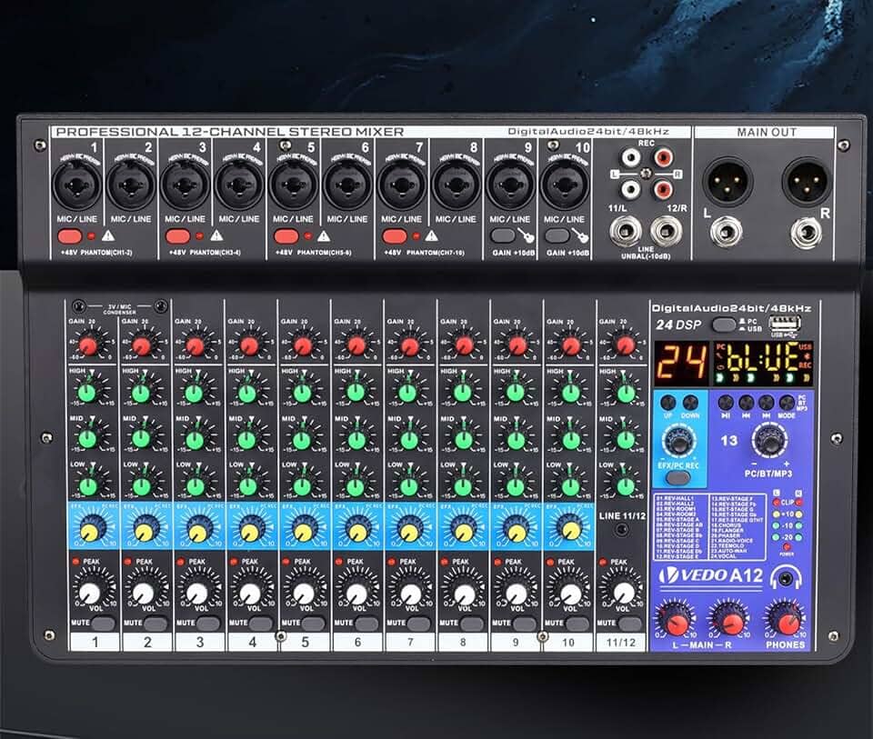 mesa de som, vedo A12 12 canais digital/número profissional portátil com reverb bluetooth usb interface audio/áudio mixer