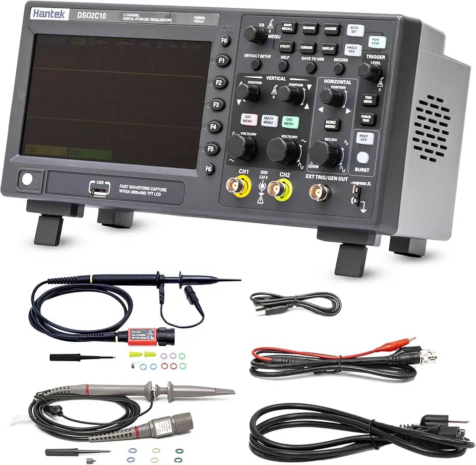 Hantek Osciloscópio de armazenamento digital dso2c10, largura de banda de 100mhz, 2 canais, canal duplo, 1gsa/s, profundidade de memória de 8m com sonda de alta tensão
