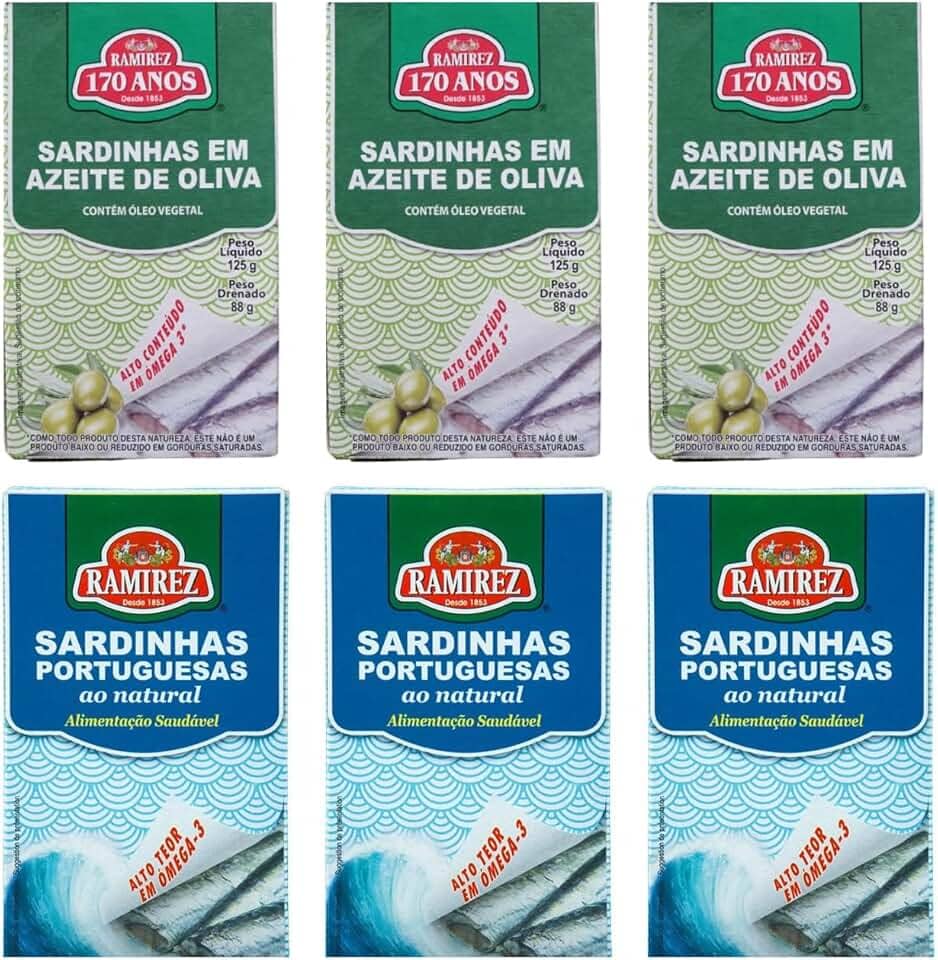 Sardinha em Lata Portuguesa Ramirez - Superalimento - Tampa Abre Fácil -125g - Azeite Extravirgem de Oliva 3 Un. e Natural em Água 3 Un. Rico em Ômega 3