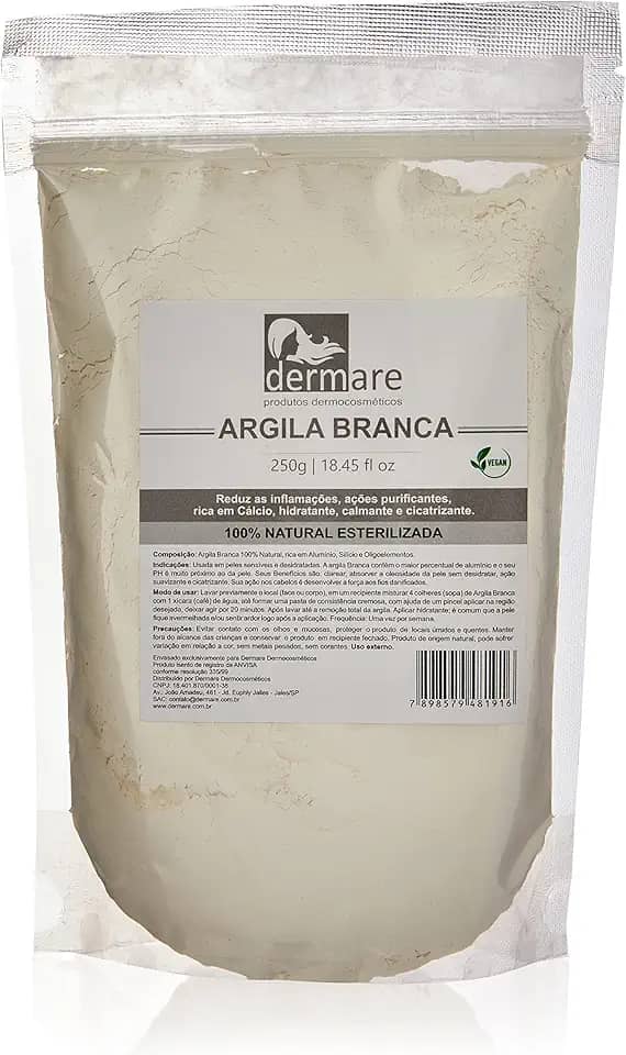 Dermare Argila Branca Clareadora 250g – Peles Sensíveis e Desidratadas | Uso Facial, Corporal e Capilar