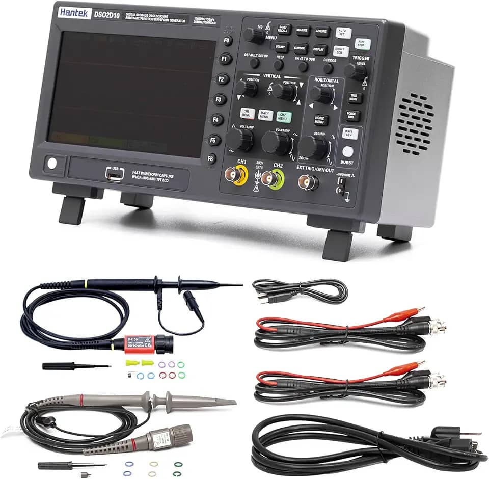Hantek Osciloscópio de armazenamento digital dso2d10, largura de banda de 100mhz, canal duplo de 2 canais, 1gsa/s, profundidade de memória de 8m com gerador de forma de onda de 1 canal