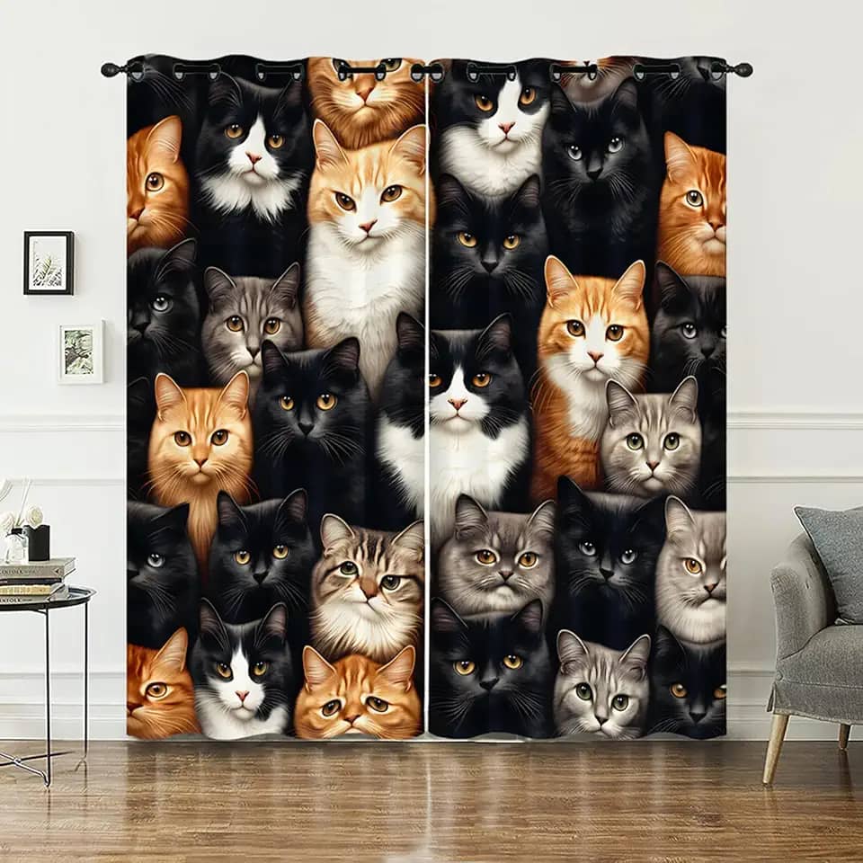 AILONEN Cortina de janela de cabeça de gato 3D, cortinas de janela de animais de estimação fofas para decoração de quarto de adolescentes, cortinas de tratamento de janela com tema de animal kawaii