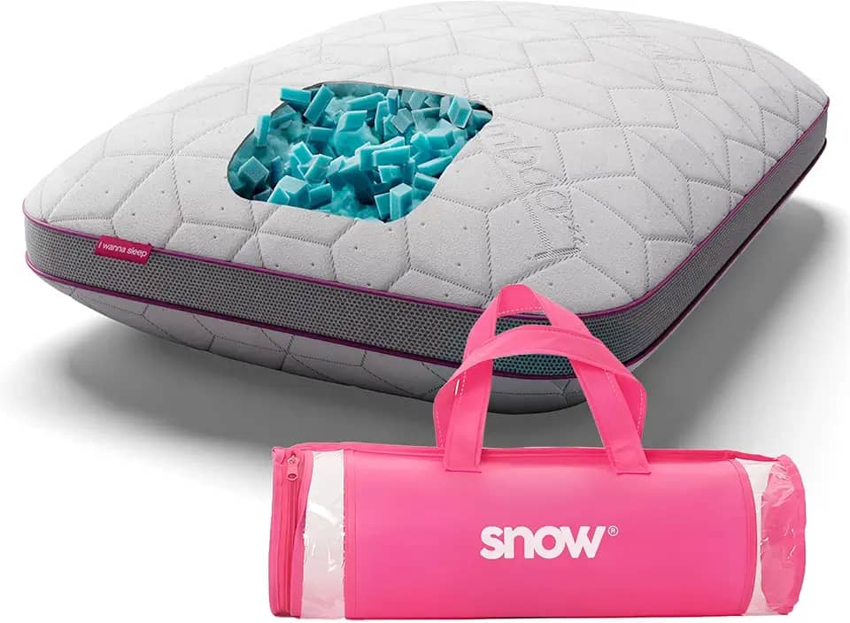 Travesseiro Ajustável - I wanna sleep - Snow®, flocos de espuma removíveis para controle da altura, ideal para dores na coluna, altura perfeita, alívio de pressão, tecido em bambu respirável