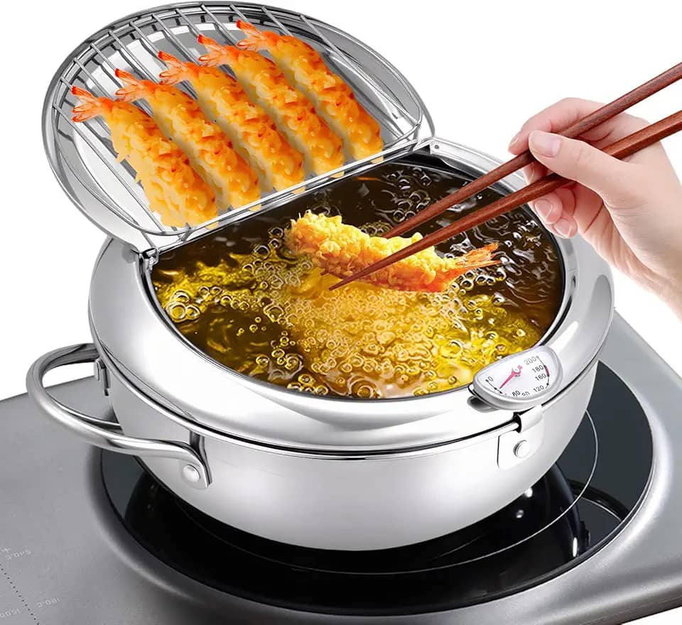 Fritadeira Doméstica Com Termômetro, Antiaderente, Aço Inox 304, Para Fogão A Gás E Indução, Tampa Com Alça, Base Reforçada