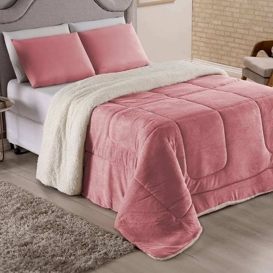 Coberdrom Para Cama Queen com Pele de Carneiro Sherpa Cobertor Edredom Feludo Macio para Noites Frias (Rose, Queen)