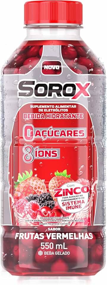 Sorox Frutas Vermelhas Bebida Hidratante Zero Açúcar com 8 Íons e Zinco para Imunidade, Baixa Caloria, Eletrolitos para Hidratação e Energia, Refrescante e Nutritiva 550ml