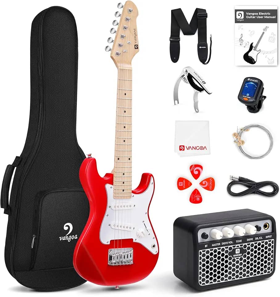 Guitarra elétrica Vangoa de 76 cm para iniciantes kit para jovens jogadores com amplificador, bolsa, alça, cordas extras, capo, afinador, palhetas, cabo (vermelho)