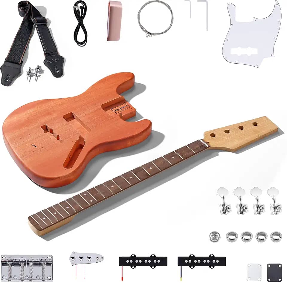 Leo Jaymz Kits de guitarra baixo elétrica DIY - corpo de mogno, pescoço de bordo assado e escala de madeira de louro - Componentes totalmente incluídos (JB)