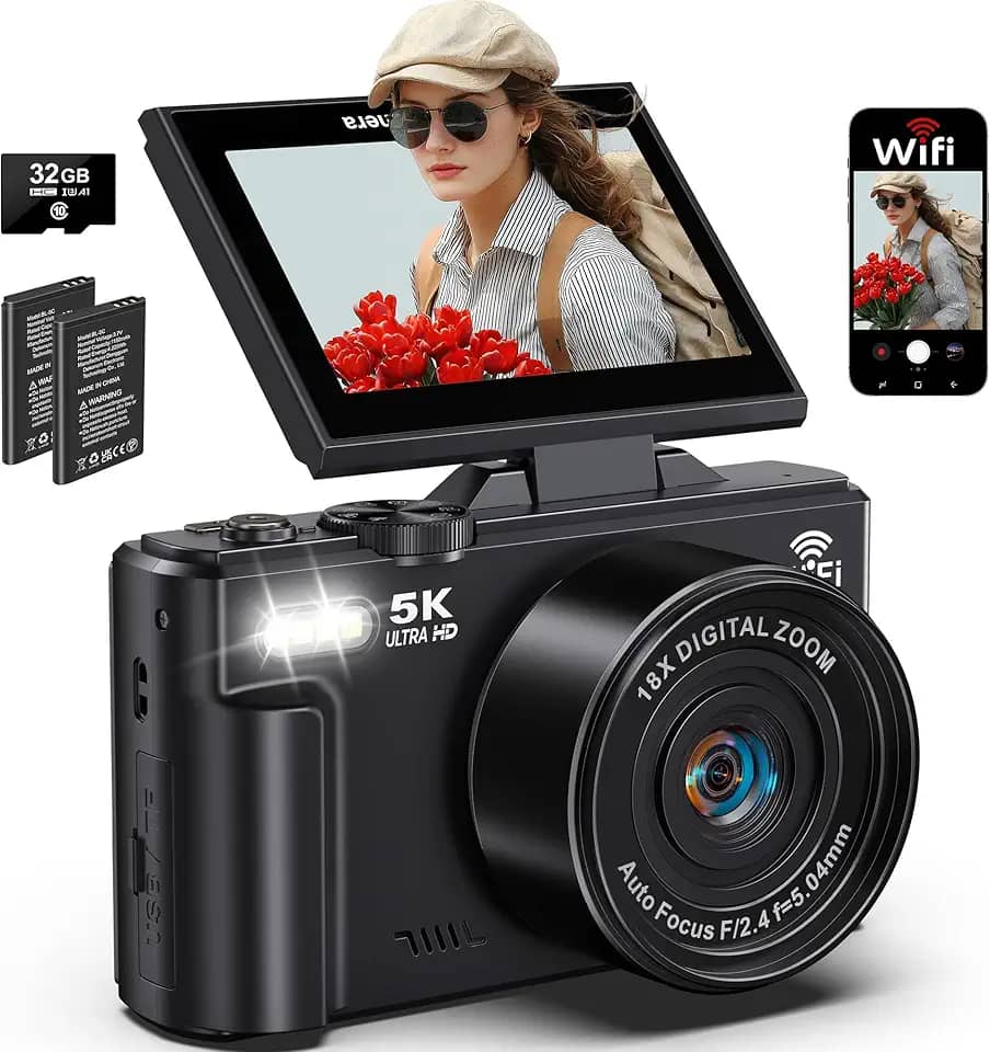 Câmera Digital, 5K 75MP, camera fotografica, transmissão Wi-Fi,foco automático,zoom digital de 18x,tela giratória de 180 graus,cartão SD de 32G,Flash,camera cybershot,vlog