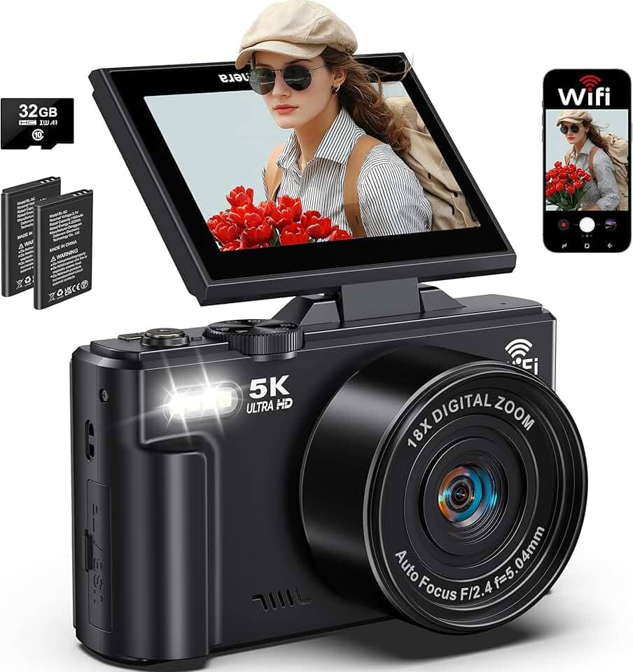 Câmera Digital, 5K 75MP, camera fotografica, transmissão Wi-Fi,foco automático,zoom digital de 18x,tela giratória de 180 graus,cartão SD de 32G,Flash,camera cybershot,vlog