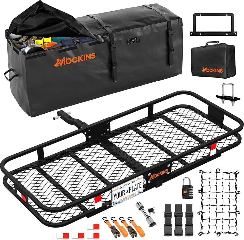 Mockins Suporte de carga resistente de 152 cm x 51 cm x 15 cm com suporte de placa de carro e bolsa de carga impermeável de 16 metros para transporte de engate | Suporte de bagagem dobrável para todos