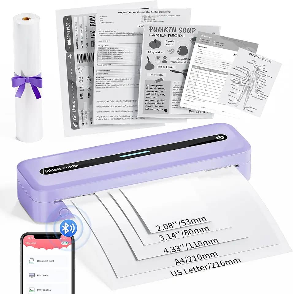 COLORWING Impressoras portáteis sem fio para viagens, mini impressora compacta 300DPI sem tinta, impressora térmica Bluetooth compatível com smartphone Android e iOS e tablet e laptop - roxo